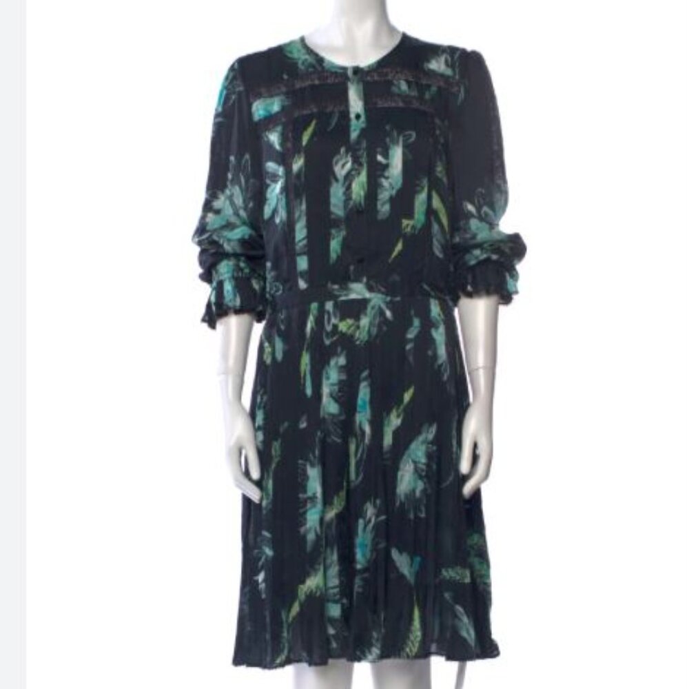 Marchesa Silk Dress Voyage Pleated Lace Floral Black Blue Midi Below Knee sz 4